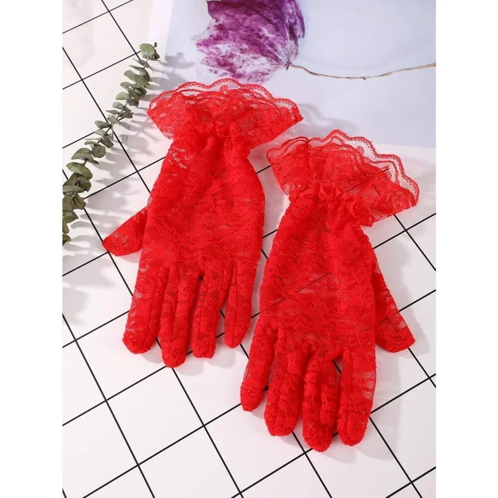 Women's Short Lace Courtesy Elegant Gloves Red Wedding Dinner Opera Parties